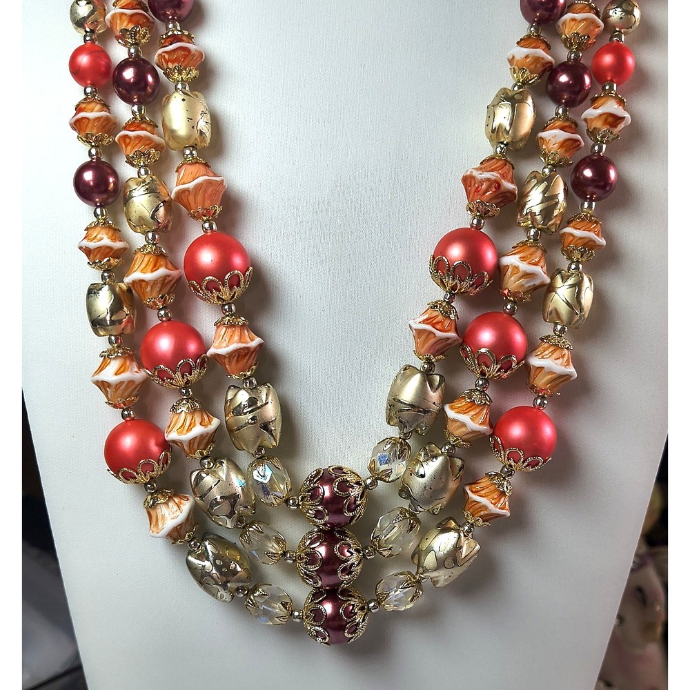 Vintage Japan 3 Strand Beaded Multi Color Necklace 20" + Extender